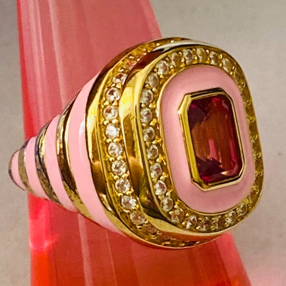SNS Gold Plated 925 Sterling Silver Pink Enamel Pink Stone Ring Size 6 1/2